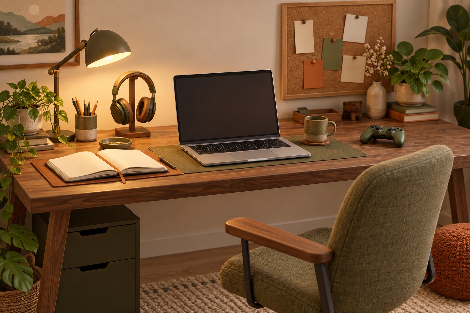 An imagined warm wooden desk with a laptop, notebook, headphones, controller, cork board and empty chair.